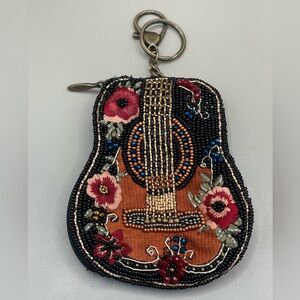 NWOT Mary Frances Embroidered Hand-Beaded Coin Wallet Guitar Bag Black 3.5x4.5”